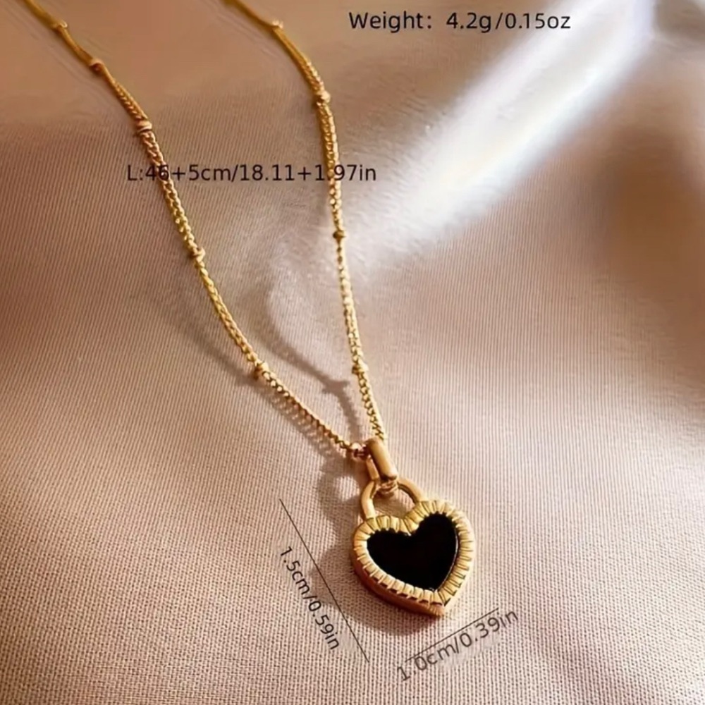 Elegant Black & White Mother-Of-Pearl Double-Sided Heart Pendant Necklace - Picture 2 of 7